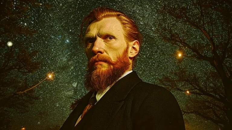 Van Gogh under the stars，19th century France，night，field，Super details，30-year-old Van Gogh，Short orange hair and beard，抽烟斗