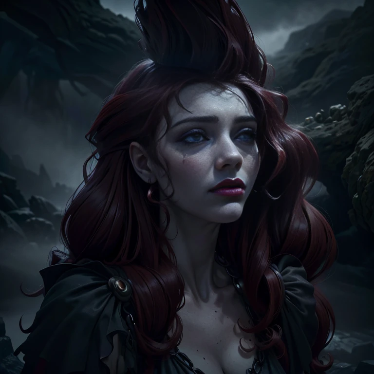 (best quality,highres,masterpiece:1.2),ultra-detailed,(realistic,photorealistic,photo-realistic:1.37),dark atmosphere,mythology,portrait,greek mythology,romantic,gothic,contrasting colors,harsh lighting,mysterious setting,hellish landscape,gloomy ambience,enchanted chains,ominous shadows,Megara's delicate features,expressive eyes,flowing hair,emotional expression,suffering,pain,desperation,dark clouds,fire and brimstone,crumbling pillars,broken shackles,wisps of smoke,ethereal beauty,grim underworld,tormented souls,dramatic pose