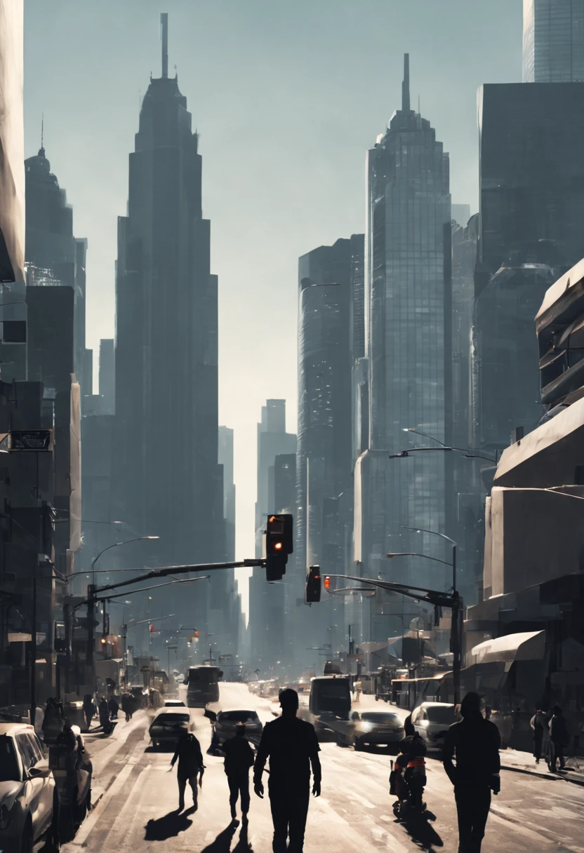 Type of Image: Concept Art, Subject Description: A series of interconnected silhouettes depicting a bustling cityscape with people, vehicles, and skyscrapers, Art Styles: Minimalist, Art Inspirations: Behance minimalist projects, Camera: 35mm lens, Shot: long shot to capture the expanse of the city, Render Related Information: high contrast with sharp focus to clearly define the silhouette edges, presented in monochromatic tones to emphasize the play of light and shadow.