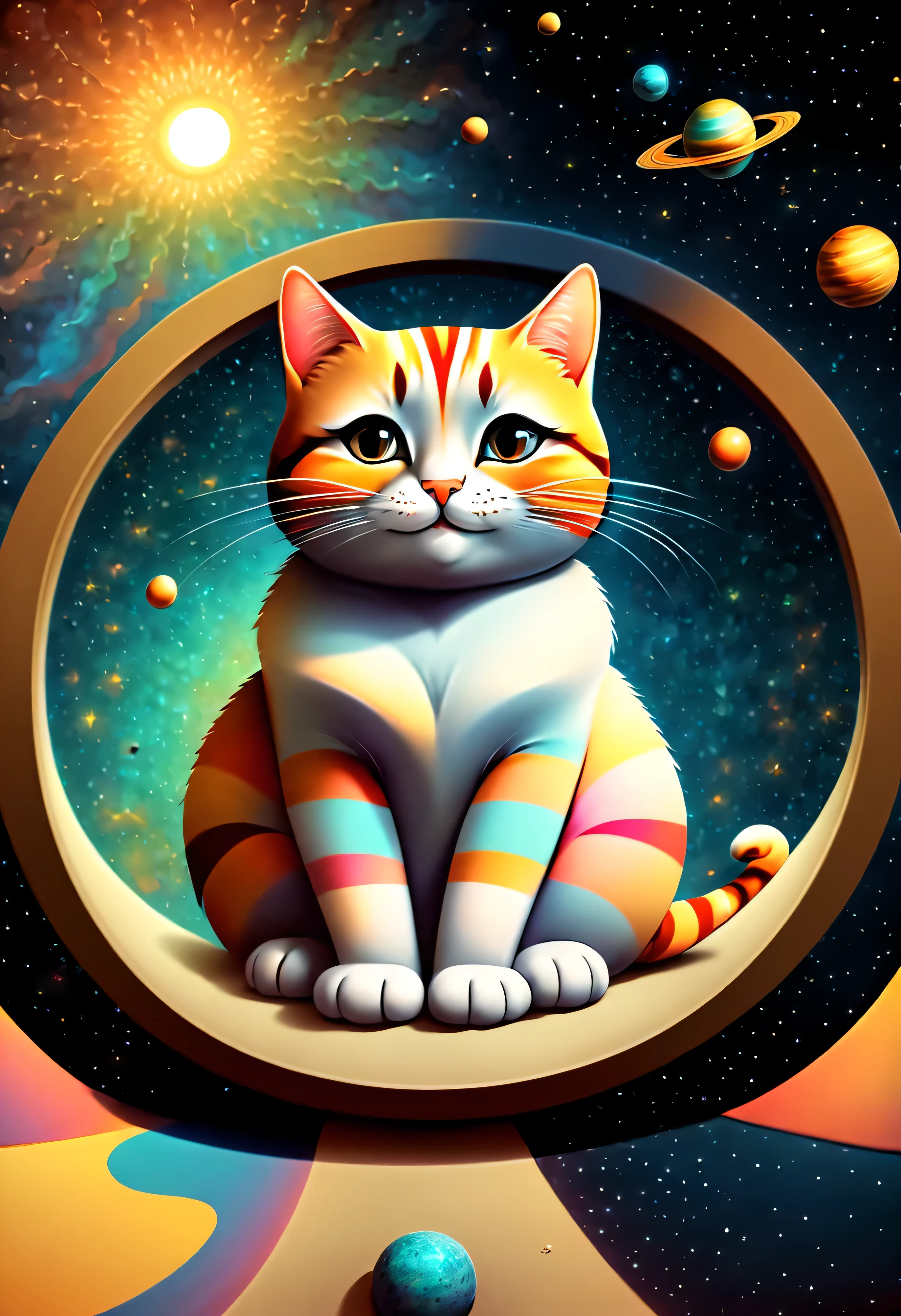 ch, smiling flat cat meditation in center of scientific deep deep space lab abstract mandala, (abstract:2), soft colors, a lot of stars, planets and galacticas