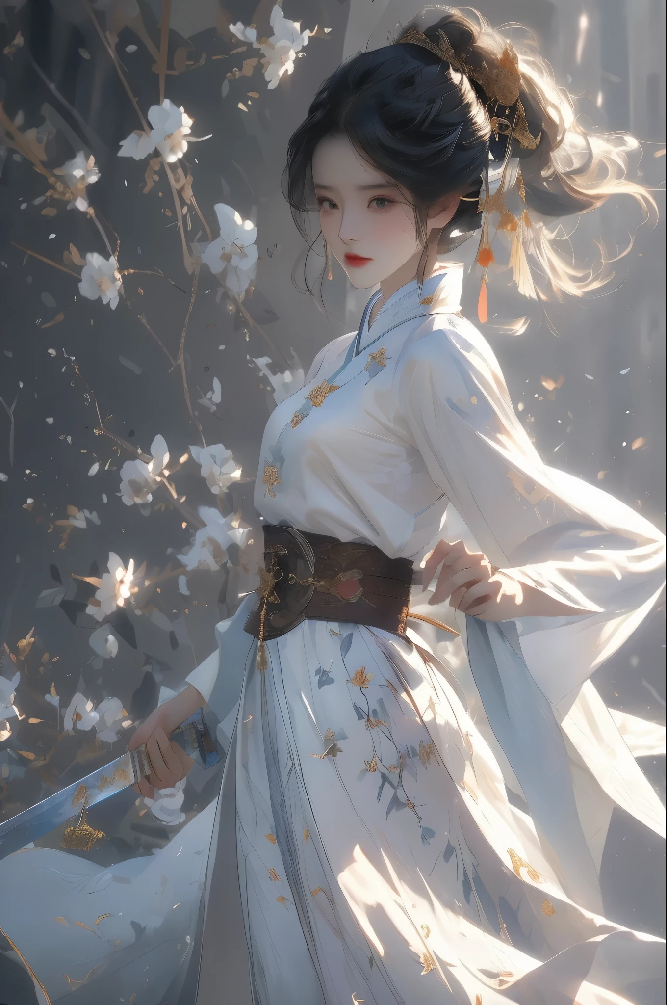 Masterpiece, A high resolution, High detail face, ( female swordsman is wearing a sword on the side: 1.2), (wearing swords on the back: 1.2), (full body shot), (Showing off her long white leg), (White Horse Face Skirt Hanfu), (White Chinese Hanfu Mamianqun), slim figure, detailed jewelry, lovely face, realistic, edge lit, bicolor lighting, (high detail skin: 1.2), 8K, Ultra HD, Digital SLR, soft lighting, volumetric light, high resolution, 8K, The background is blurred out,