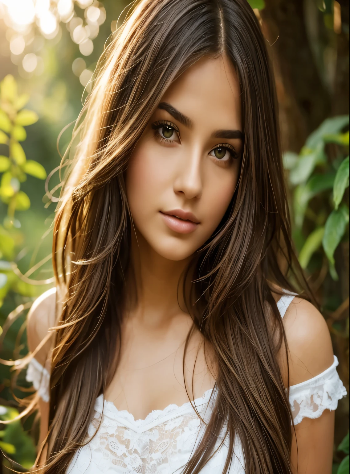 (melhor qualidade,ultra-detalhado,fotorrealista),mulher jovem,olhos lindos,detailed lips,pensive expression,soft lighting,cores vibrantes,,long, flowing hair,roupa estilosa,fundo do jardim,flores coloridas,natural sunlight,atmosfera serena