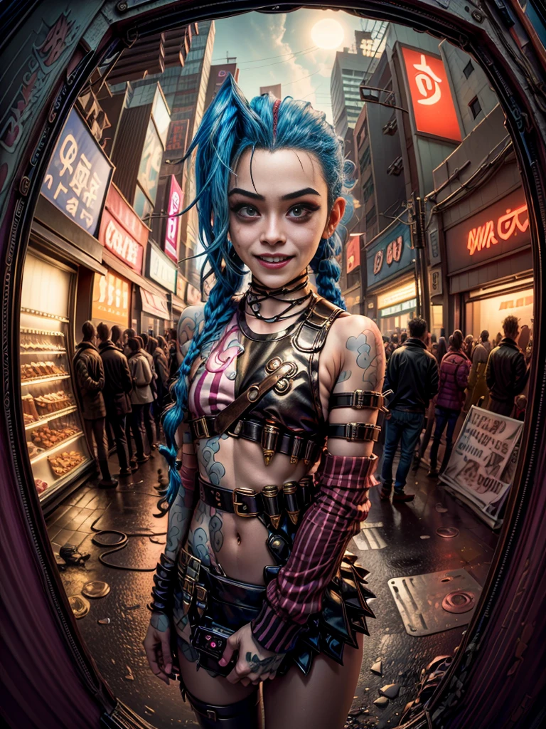 ((Jinx is dressed in a Harajuku Tech costume), (Fisheye lens 1.2), self-shot, Cowboy shot, Wind, Messy hair, cyberpunk city landscape, (Aesthetics and atmosphere:1.2),Smiling, Laughing,super wide shot