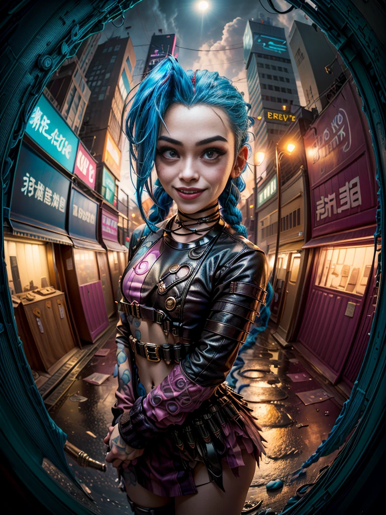 ((Jinx is dressed in a Harajuku Tech costume), (Fisheye lens 1.2), self-shot, Cowboy shot, Wind, Messy hair, cyberpunk city landscape, (Aesthetics and atmosphere:1.2),Smiling, Laughing,super wide shot