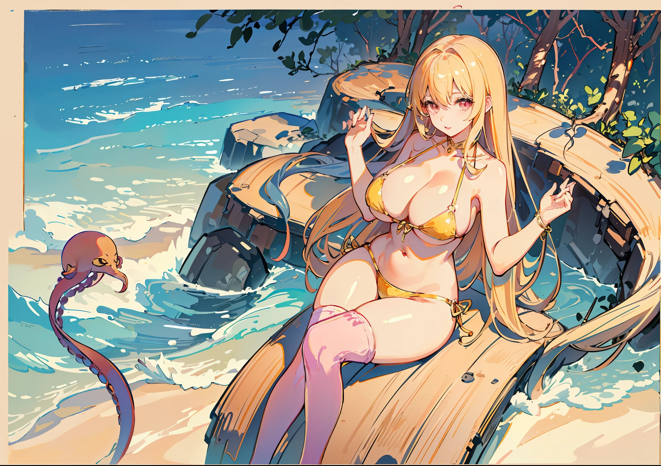 4k, masterpiece, High resolution, (big breasts)、((curvy))、((Pink Thigh Socks))、(octopus)、((golden bikini))、monster's habitat
