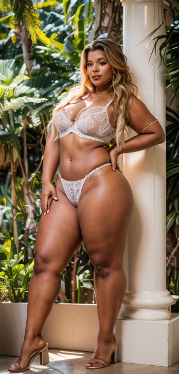 uma mulher em um lingersuit branca de chiffon posando para uma foto, uma loira linda, curved model, corpo voluptuoso, corpo grosso, beautiful thick female, , sexy :8, curvas femininas atraentes, curved hourglass figure, , curved, curved. detalhado, seminu, deusa loira, very curved, brasileiro, lingerie transparente de chiffon