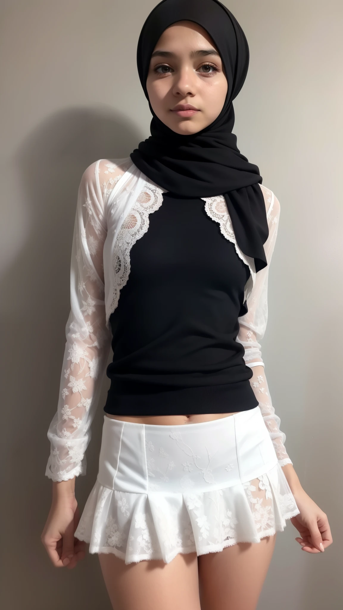 Hijab girl, flat chest, very tigh short mini skirt, white lace