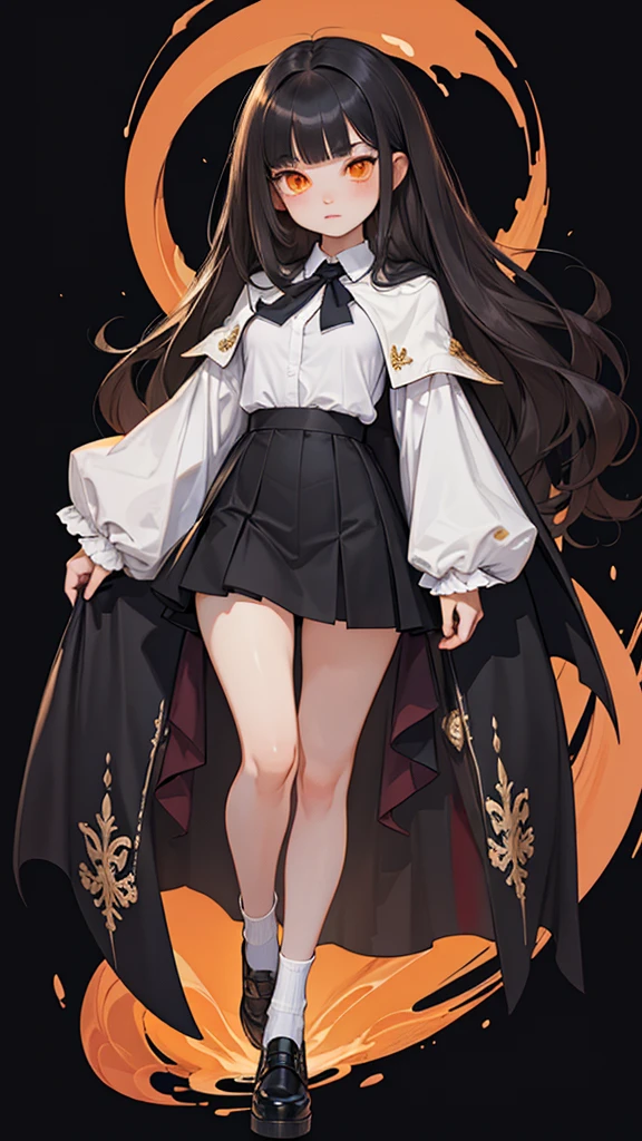 Masterpiece, Best Quality, extremly detailed, Cinematic lighting, intricate detials, hight resolution, official arts, finely detailed beautiful face and eyes, high-resolution illustration, 8K, dark intense shadows, 1girl, (skinny, tall), small breast, long straight hair, dark hair, blunt bangs, sidelocks, blunt ends, orange eyes, cold look, (short cape), black tie, white shirt, long sleeves, long black skirt, white socks, black shoes, full body
