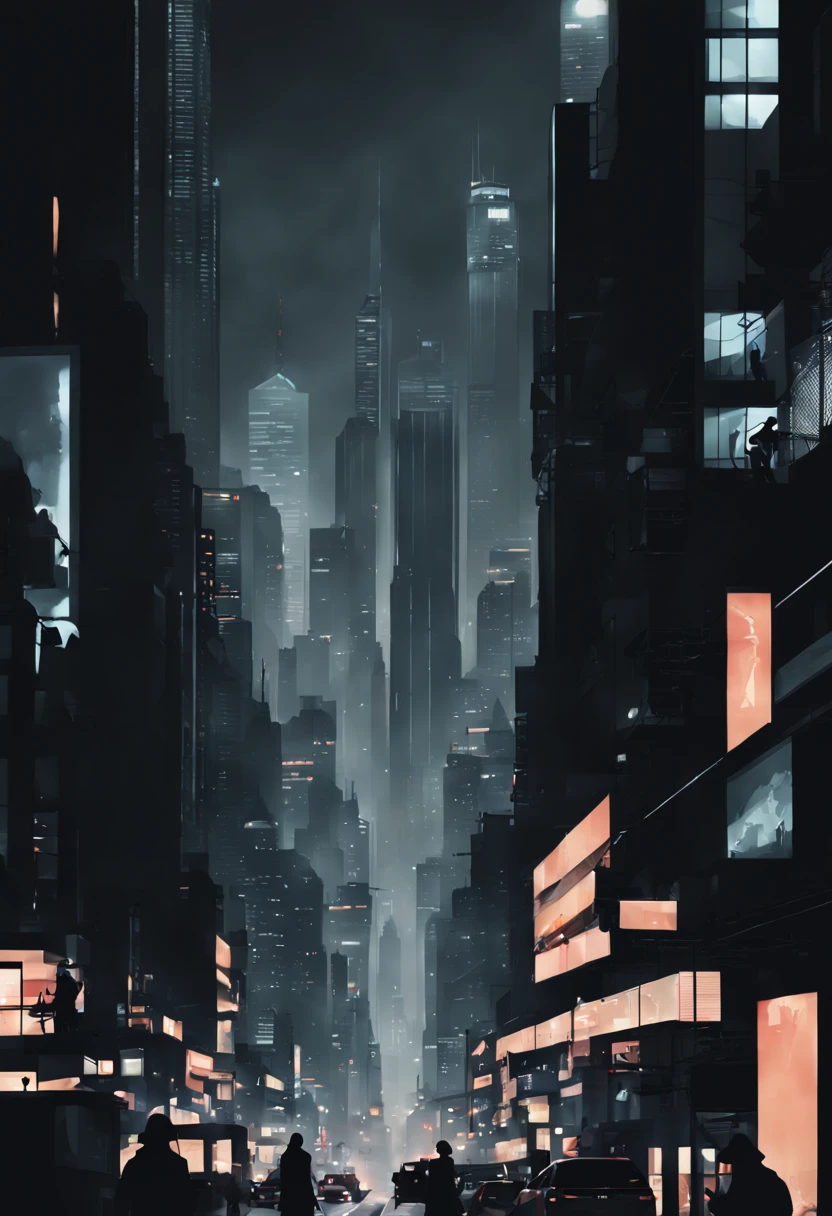 Type of Image: Concept Art, Subject Description: A series of interconnected silhouettes depicting a bustling cityscape with people, vehicles, and skyscrapers, Art Styles: Minimalist, Art Inspirations: Behance minimalist projects, Camera: 35mm lens, Shot: long shot to capture the expanse of the city, Render Related Information: high contrast with sharp focus to clearly define the silhouette edges, presented in monochromatic tones to emphasize the play of light and shadow.