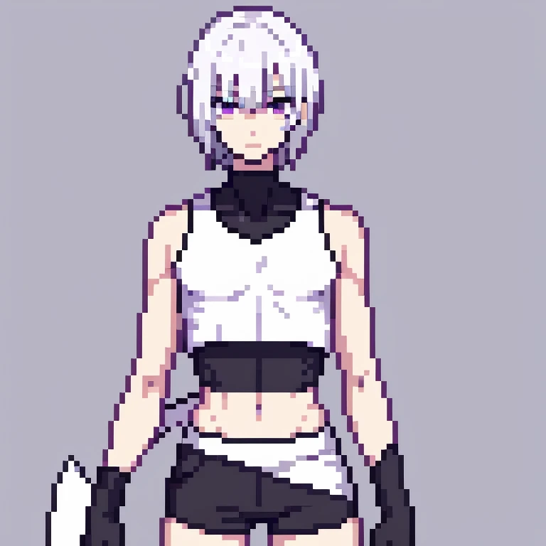 Tall Slender pale male, white hair and purple eyes, black crop top and white shorts