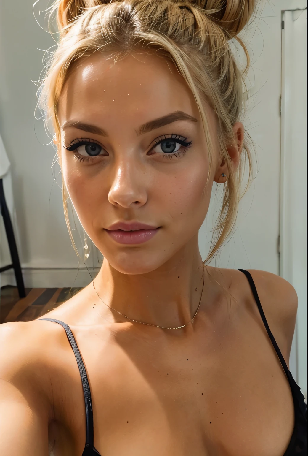 Blonde model with a bun taking a selfie