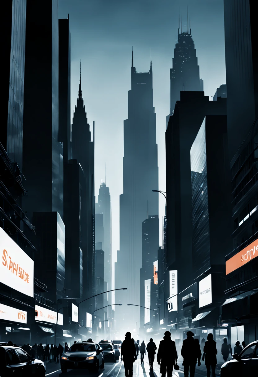 Type of Image: Concept Art, Subject Description: A series of interconnected silhouettes depicting a bustling cityscape with people, vehicles, and skyscrapers, Art Styles: Minimalist, Art Inspirations: Behance minimalist projects, Camera: 35mm lens, Shot: long shot to capture the expanse of the city, Render Related Information: high contrast with sharp focus to clearly define the silhouette edges, presented in monochromatic tones to emphasize the play of light and shadow.