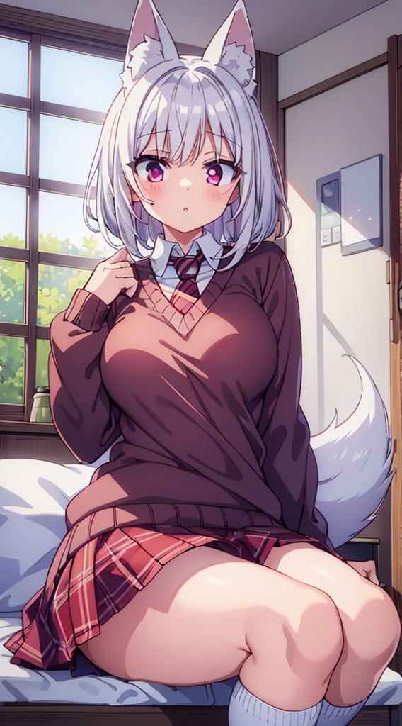 bedroom, (masterpiece), best quality, my foxy girlfriend - fuku, medium breasts, white skin, beautiful eyes, white high socks, white fox ears, one white fox tail, round face, white hair, cute girl, innocent , medium size, teenager, light pink sweater, white thighs high,red tie hidden by sweater, light red eyes, short back hair, 2 long strands falling on breasts, very short red plaid skirt under the sweater, thick thigh, black japanese school shoes