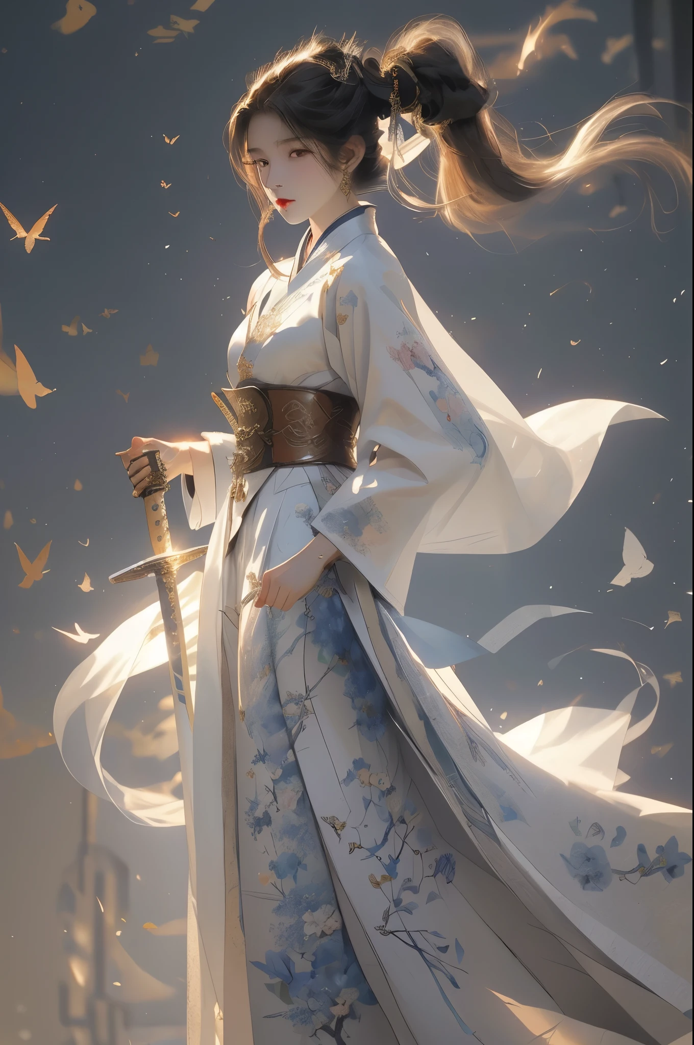 Masterpiece, A high resolution, High detail face, ( female swordsman is holding a sword: 1.2), (handing a sword: 1.4), (full body shot), (revealing long legs), (White Horse Face Skirt Hanfu), (White Chinese Hanfu Mamianqun), slim figure, detailed jewelry, lovely face, realistic, edge lit, bicolor lighting, (high detail skin: 1.2), 8K, Ultra HD, Digital SLR, soft lighting, volumetric light, high resolution, 8K, The background is blurred out,