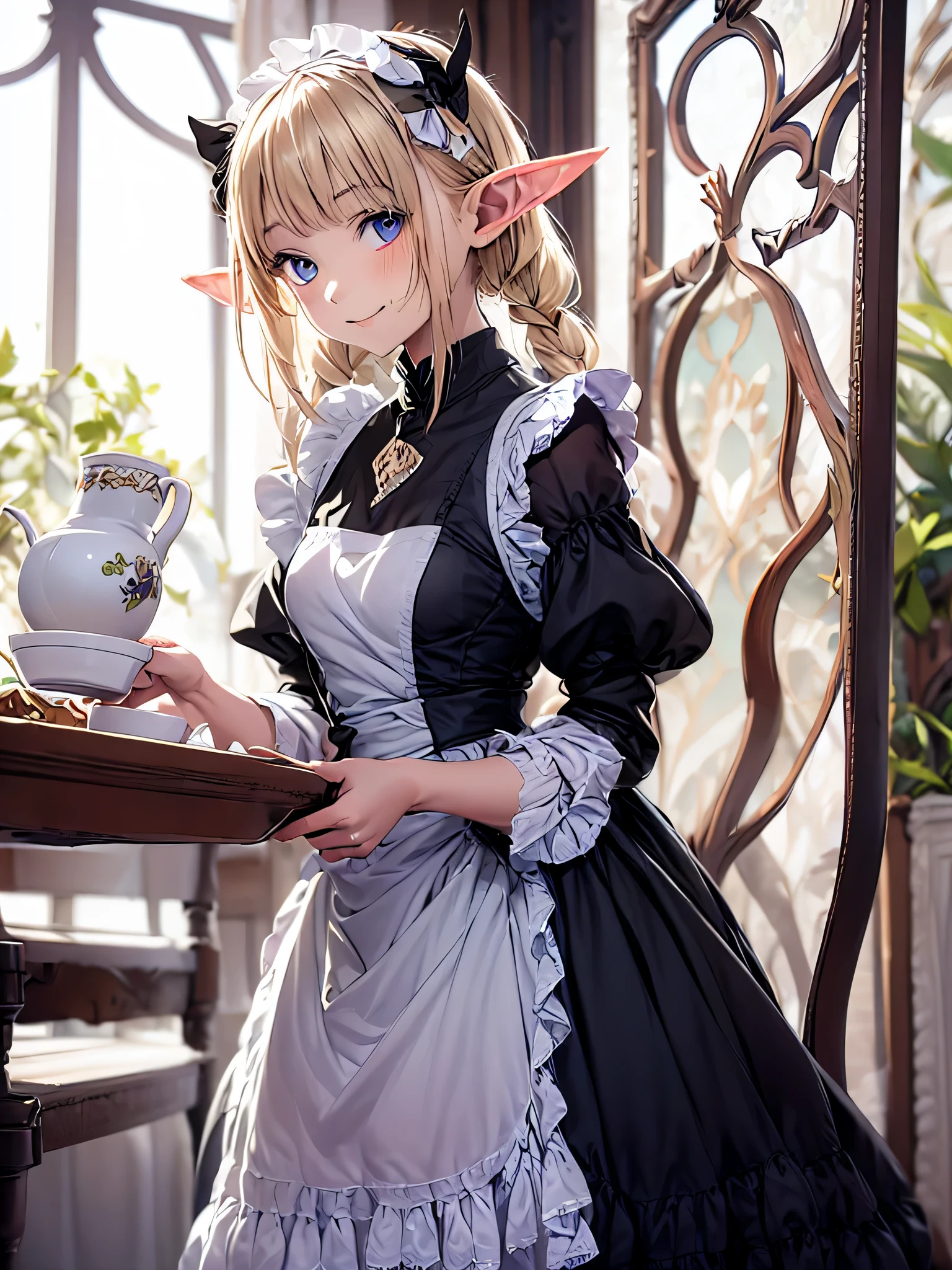 elf girl solo, smiling gentry,  silver blonde twintail hair, black long maid dress, She is drinking tea in an antique teacup