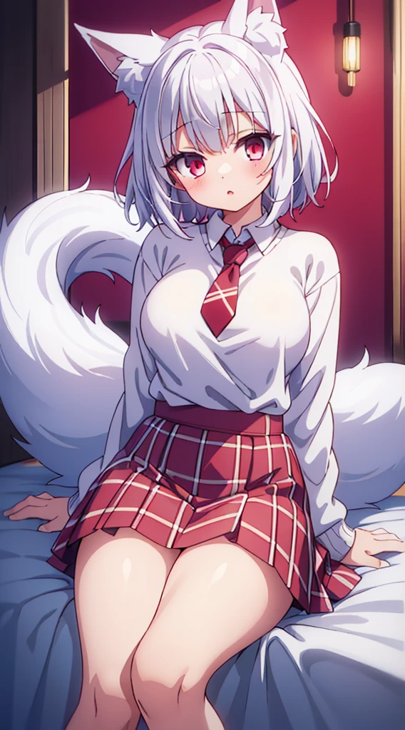 bedroom, (masterpiece), best quality, my foxy girlfriend - fuku, medium breasts, white skin, beautiful eyes, white high socks, white fox ears, one white fox tail, round face, white hair, cute girl, innocent , medium size, teenager, light pink sweater, white thighs high,red tie hidden by sweater, light red eyes, short back hair, 2 long strands falling on breasts, very short red plaid skirt under the sweater, thick thigh, black japanese school shoes