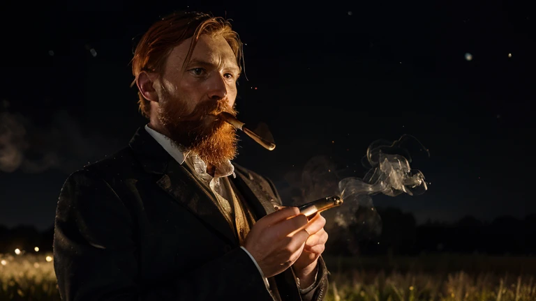 Van Gogh under the stars，19th century France，night，field，Super details，30-year-old Van Gogh，Short orange hair and beard，Smoke a pipe