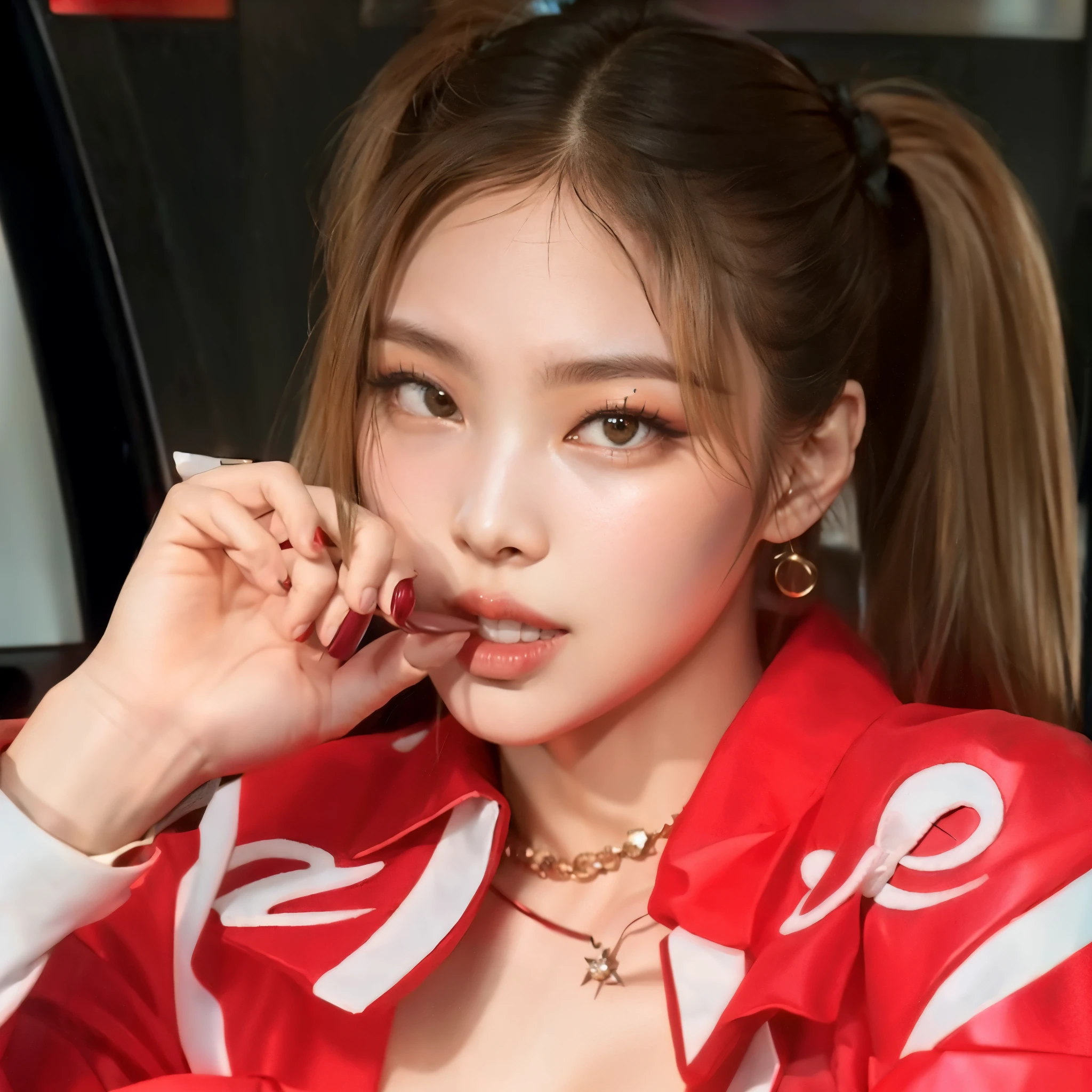mulher araffe com uma jaqueta vermelha sentada em um carro, portrait of jossi do blackpink, Lalisa Manobal, parque roseanne de blackpink, heonhwa choe, portrait of female Korean idol, tzuyu de duas vezes, maquiagem sul-coreana popular, Korean idol, sakimichan, jossi do blackpink, coreana, kda