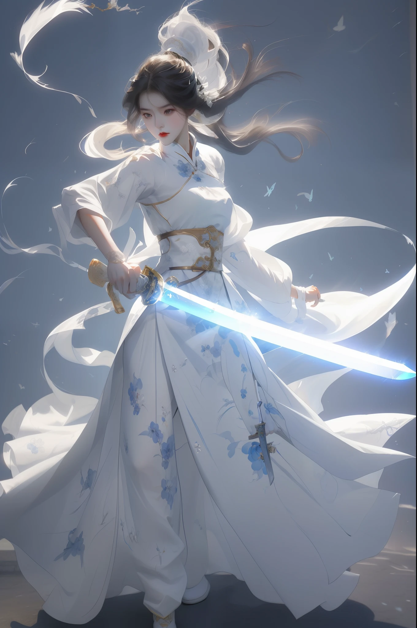 Masterpiece, A high resolution, ( female swordsman is holding a sword: 1.2), (handing a sword: 1.4), (full body shot), (revealing long legs), (white marianzhequn), (White Chinese Hanfu Mamianqun), slim figure, dynamic pose, The background is blurred out,
