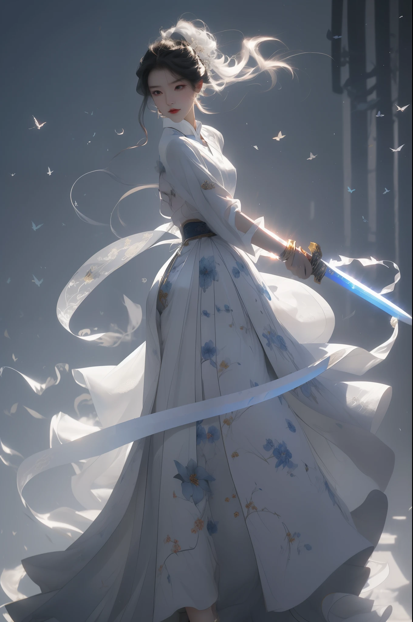 Masterpiece, A high resolution, ( female swordsman is holding a sword: 1.2), (handing a sword: 1.4), (full body shot), (revealing long legs), (white marianzhequn), (White Chinese Hanfu Mamianqun), slim figure, dynamic pose, detailed jewelry, lovely face, realistic, edge lit, bicolor lighting, (high detail skin: 1.2), 8K, Ultra HD, Digital SLR, soft lighting, volumetric light, high resolution, 8K, The background is blurred out,