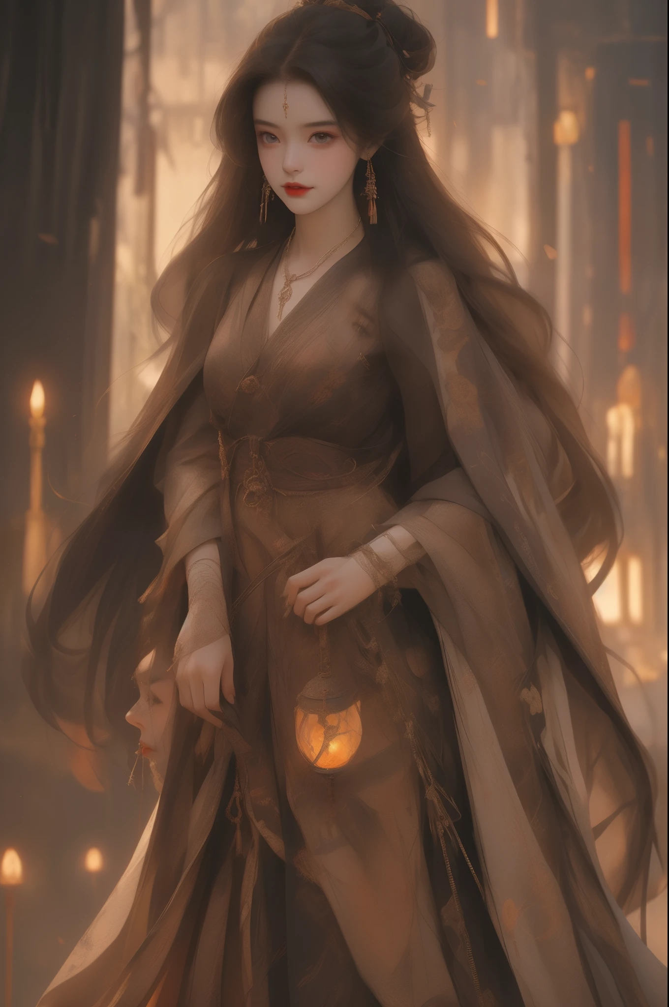 A woman in a brown dress is walking through a forest - SeaArt AI