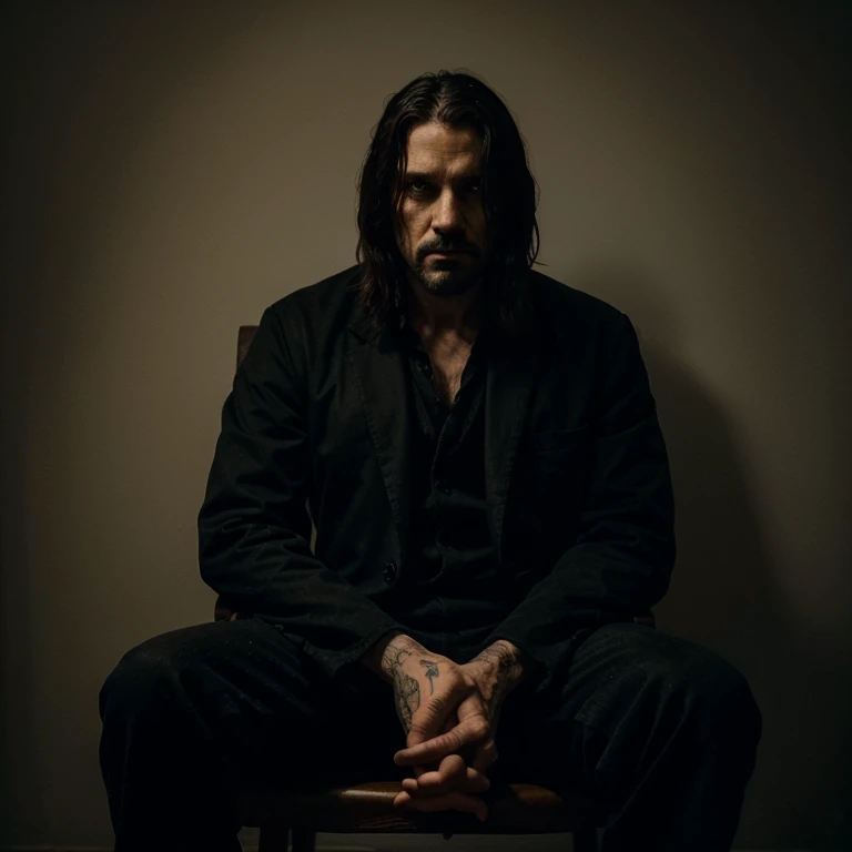 Create me a horror narrator who looks like a man sitting facing the camera looking very mysterious
