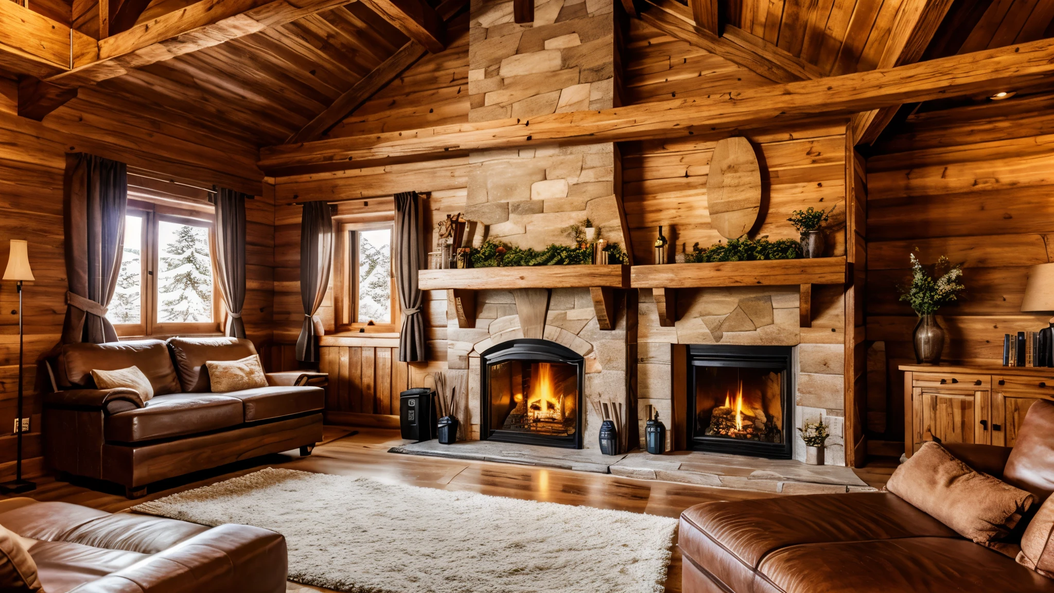 Interior of a wooden chalet with fireplace