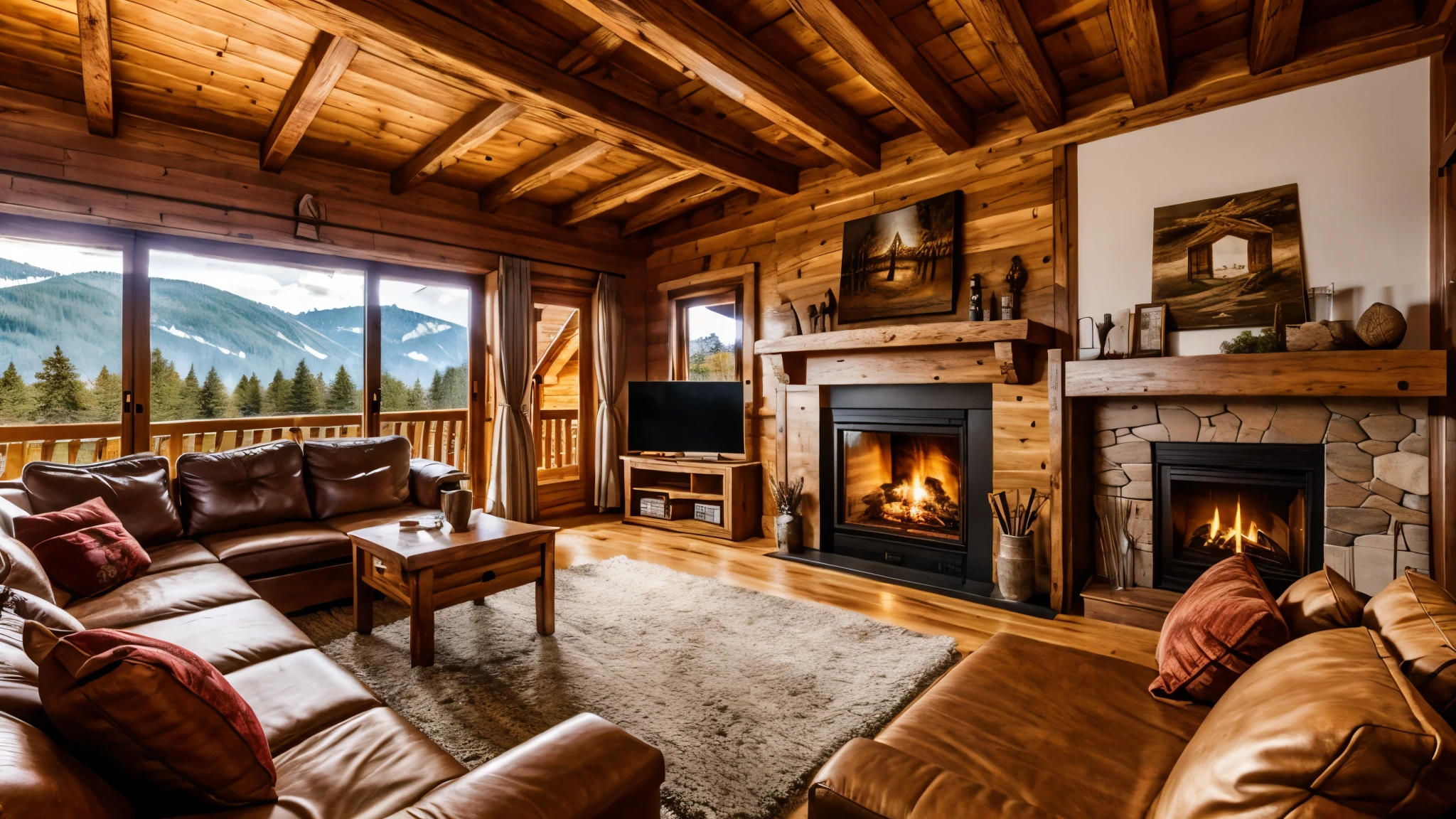 Interior of a wooden chalet with fireplace