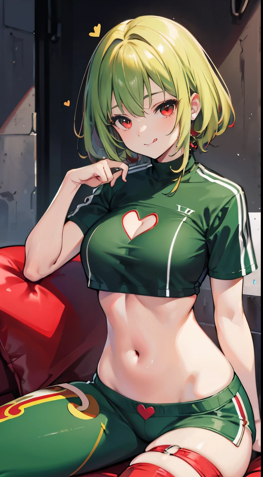 X-rated,Under the legend,Chara,age girl,red eye,Smile,sexy,green,Chest leak,short crop top,hot pant,with short brown haice turned red,Underwear model,lust,Hand repair,detail, clothing,HD,no underwareuttocks raised,stick out your tongue,Playful,love heart,Buttocks close up,Sweat,Rear view,big,sitting,big asack view