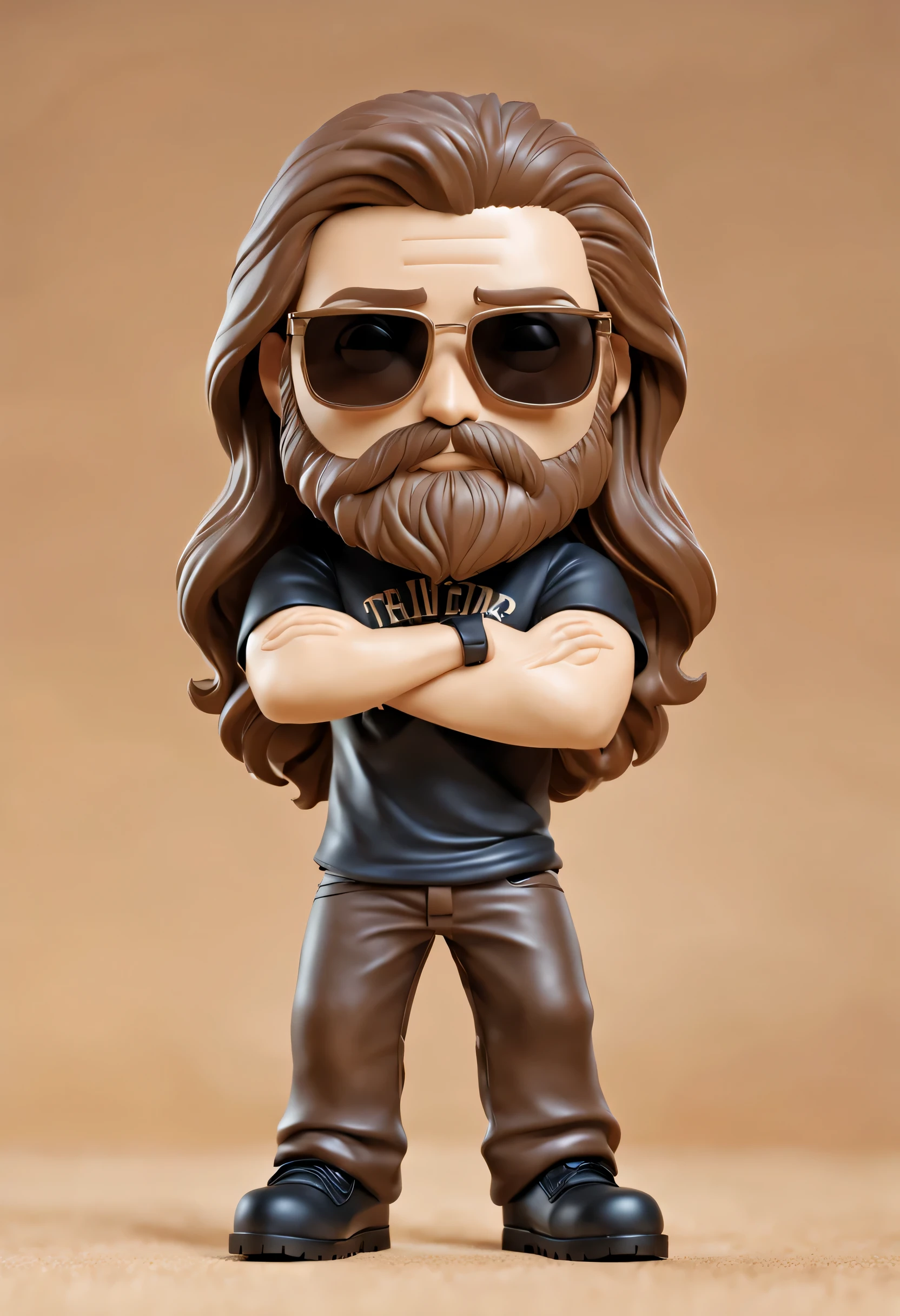 Create a funko pop from a man named “Ricardo”, caucasiano, cabelo muito comprido perto do castanho claro e castanho cacheado, barba grande da mesma cor, wearing sunglasses, vestindo uma camiseta preta da banda grave, camouflage pants and black boots . Funk must be presented inside and outside a blue “unlimited edition” box. The box must allow the funko to be seen, tipografia, the rendering must be 3D with a white background