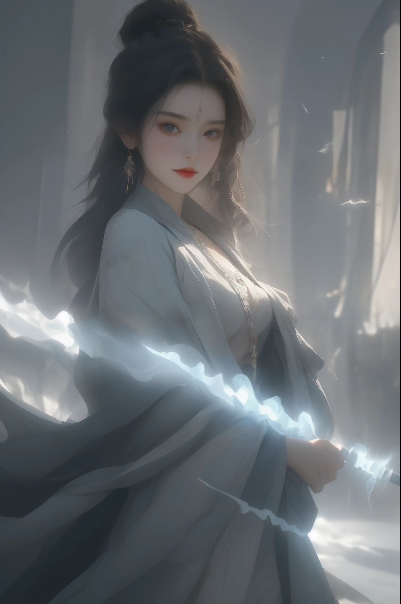 Best quality、masterpiece、A high resolution、(A female swordsman: 1.4)、(full body shot), Flat slim figure、Porcelain turtleneck dress、Delicate hair accessorieine Necklace、detailed jewellery、pretty face、Physically、Tyndall effect、realisticlying、Shadow Studio、edge lit、multicolor lighting、(highdetailskin:1.2)、(flatchest,smallunderboob)、8K, Ultra HD、Digital SLR、cold lighting、high high quality、volumettic light、sneak shot、photore、A high resolution、4K、8K、The background is blurred out,
