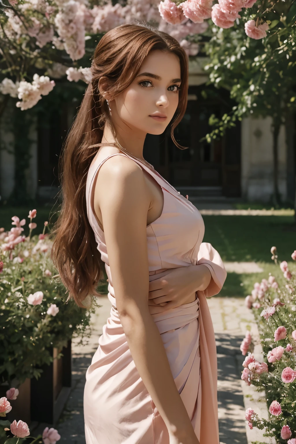 (chef-d'œuvre),(meilleure qualité:1.0), (ultra haute résolution:1.0), détaillé illustration, 8k, animé, 1fille, beautiful animé girl, en sari, Porter un sari rose, Jolie pose, Joli visage, détaillé face, beaux yeux, Yeux rouge foncé, détaillé eyes, lèvres rouges, lèvres rougestick, cheveux légèrement bruns, fleur rose sur l’oreille, Faits saillants dans les cheveux, debout, fleurs rouges sur un arbre à l’arrière, Ciel ouvert avec des nuages, détaillé, complexe, animé style, highly détaillé
