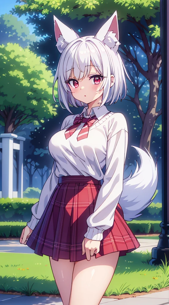 standing in a park, (masterpiece), best quality, my foxy girlfriend - fuku, medium breasts, white skin, beautiful eyes, white high socks, white fox ears, one white fox tail, round face, white hair, cute girl, innocent , medium size, teenager, light pink sweater, white thighs high,red tie hidden by sweater, light red eyes, short back hair, 2 long strands falling on breasts, very short red plaid skirt under the sweater, thick thigh, black japanese school shoes