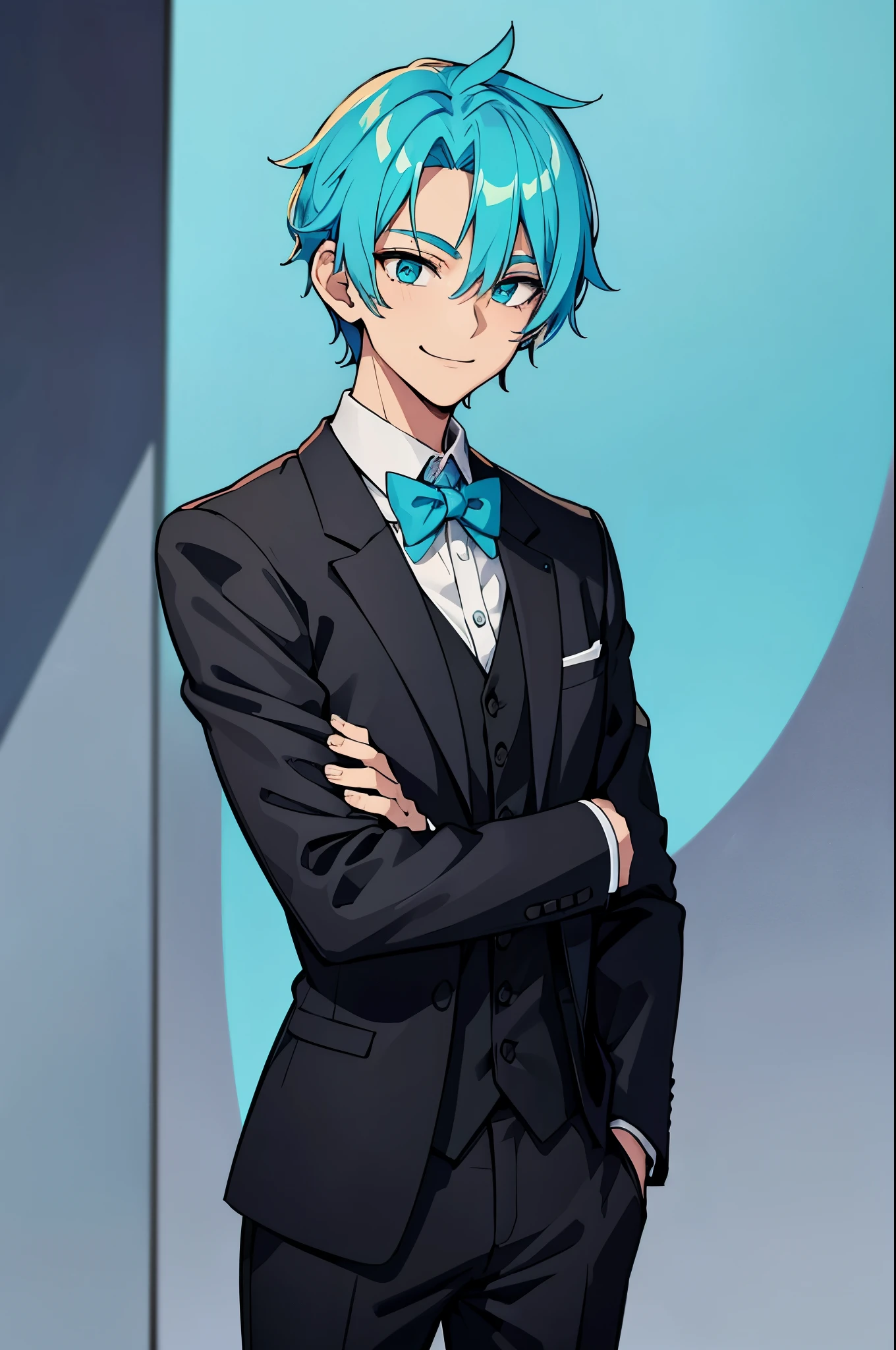 Create a stunning cartoon male character with a glass of wine in his hand with anime face and blue hair, with a hot black suit