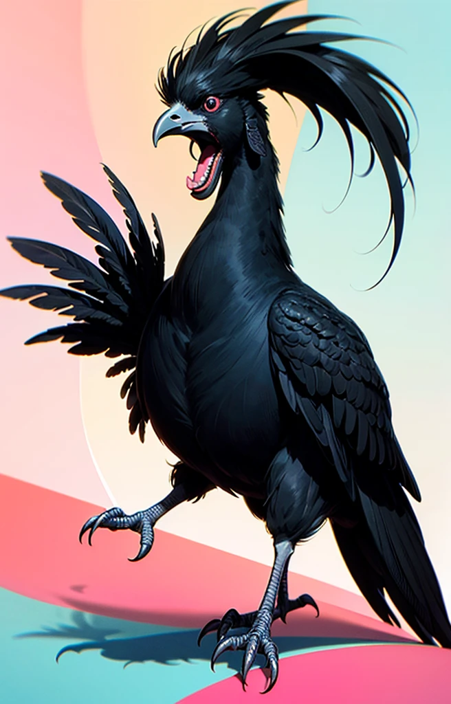 STYLE: kids illustration | SUBJECT: a playful prized black rooster | AESTHETIC: super kawaii, bold outlines | COLOR PALETTE: holographic | IN THE STYLE OF: Sanrio