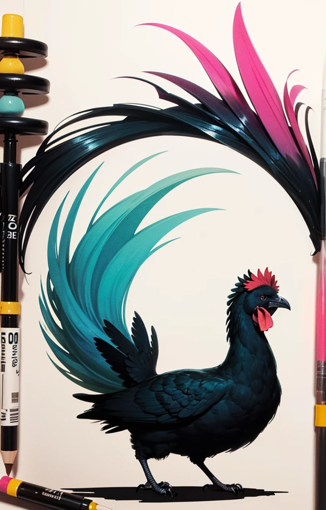 STYLE: kids illustration | SUBJECT: a playful prized black rooster | AESTHETIC: super kawaii, bold outlines | COLOR PALETTE: pastel | IN THE STYLE OF: Sanrio