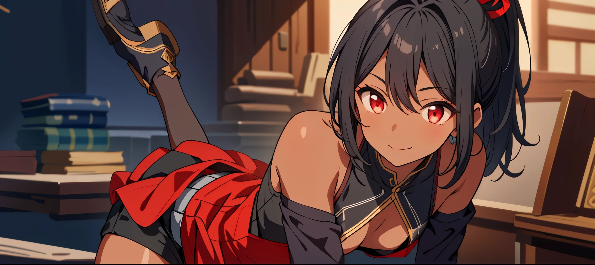 dreamy, (masterpiece), best quality, 1girl, Black short hair, amazing, beautiful detailed eyes, red eyes, fine details, depth of field, extremely detailed CG, ((Black skin)), Medieval outfit, Medieval black skirt, Medieval black shirt with red details, red sleeve, small breasts, muscular girl, korra, dark skin, dark-skinned female, ponytail, hair tubes, short hair, perfect anatomy, perfect hands, 1girl, solo,(high detailed skin:1.2), beautiful (skinny:0.8), (black skin:0.2), medieval background , smiling, Stop, solo