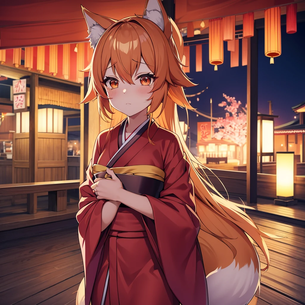 Senko character from the anime The Helpful Fox Senko-san. in a kimono, being alone at the festival, on New Year's night, she is sad high quality, a masterpiece, high detail, you can see the tail, tears on the cheeks