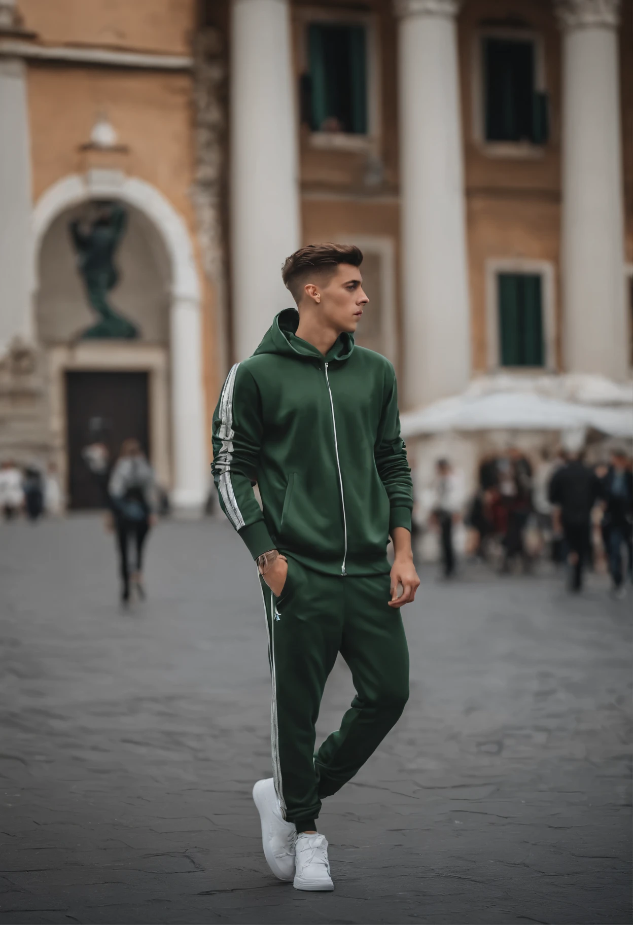 "A 19-year-old brunet guy with a stylish quiff, perfect features, and green eyes, dressed in a gray Nike Tech tracksuit and Military Black Jordan 4 shoes, playing basketball at the Colle Oppio court in Rome. This stunning photograph, taken with a Fujifilm XT3 camera, captures every intricate detail of his features in an impressive 8k UHD RAW resolution."