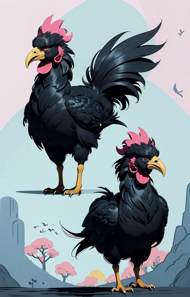 STYLE: kids illustration | SUBJECT: a playful prized black rooster | AESTHETIC: super kawaii, bold outlines | COLOR PALETTE: pastel | IN THE STYLE OF: Sanrio