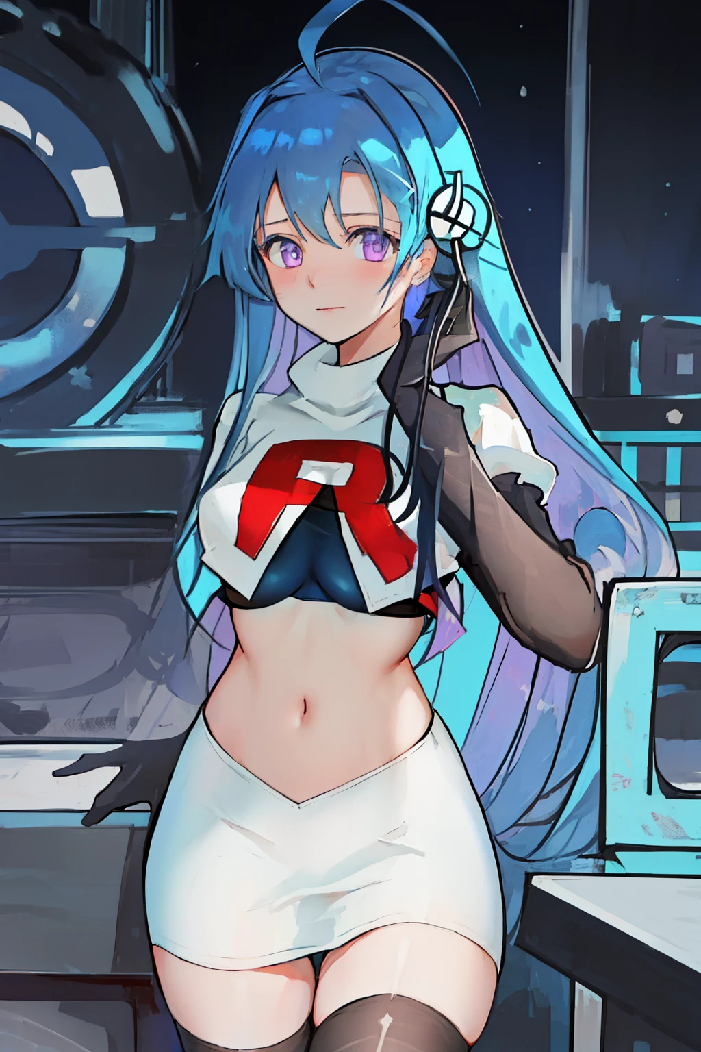 best quality, masterpiece, highres, solo, {helena_azurlane:1.15}, blue_hair, long_hair, ahoge, purple_eyes, breasts, blush, bangs, hair_ornament, medium_breasts, hair_between_eyes, 1girl, looking_at_viewer, large_breasts, team rocket,team rocket uniform,white skirt,red letter R,crop top,black thigh-highs,black elbow gloves