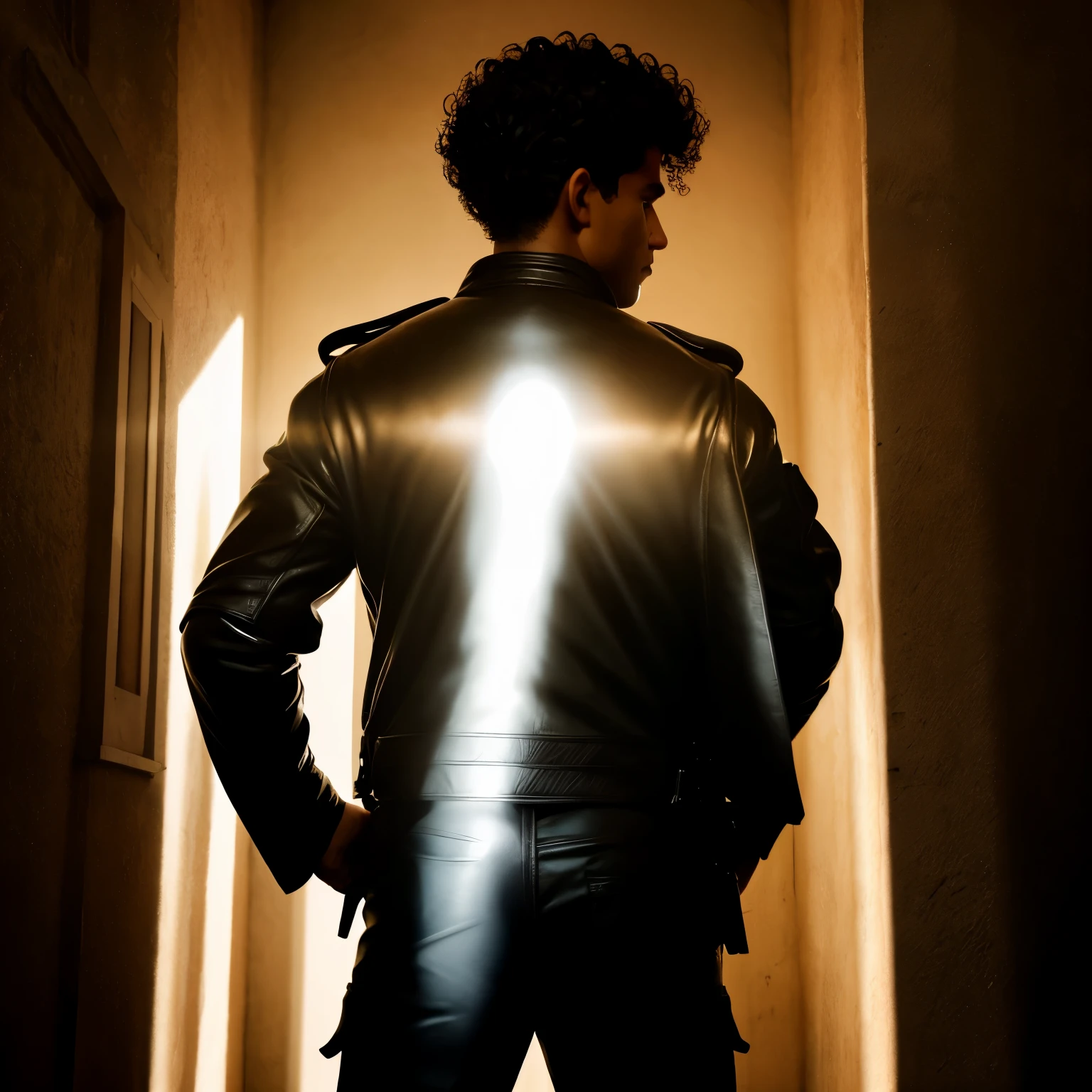 Man, look back, see the woman shadow, siluet, half body, curly hair man, leather police jacket