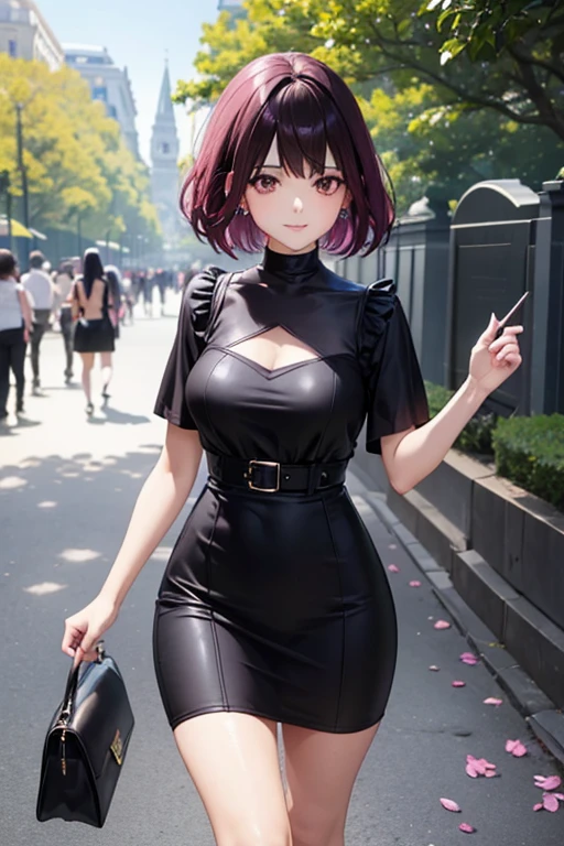 A black haired woman with brown eyes is walking through the park with a pink haired woman with violet eyes with an hourglass figure  and short hair in nice dresses