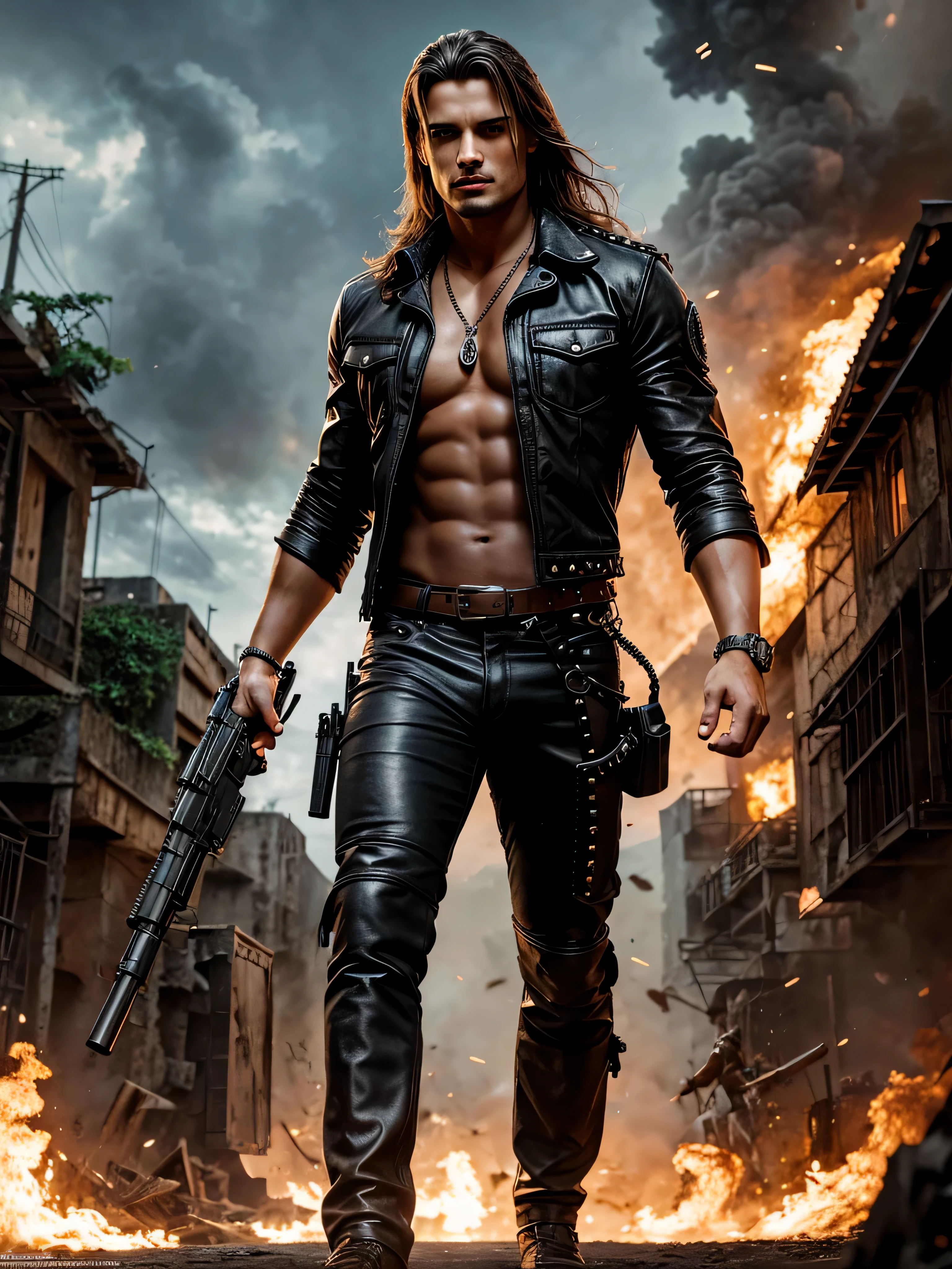 average long hair Diogo morgado as terminator , rebites, ornamentado, com arma grande, arte royo.3D. Vista completa.. 3D. explosions. selva. andando.