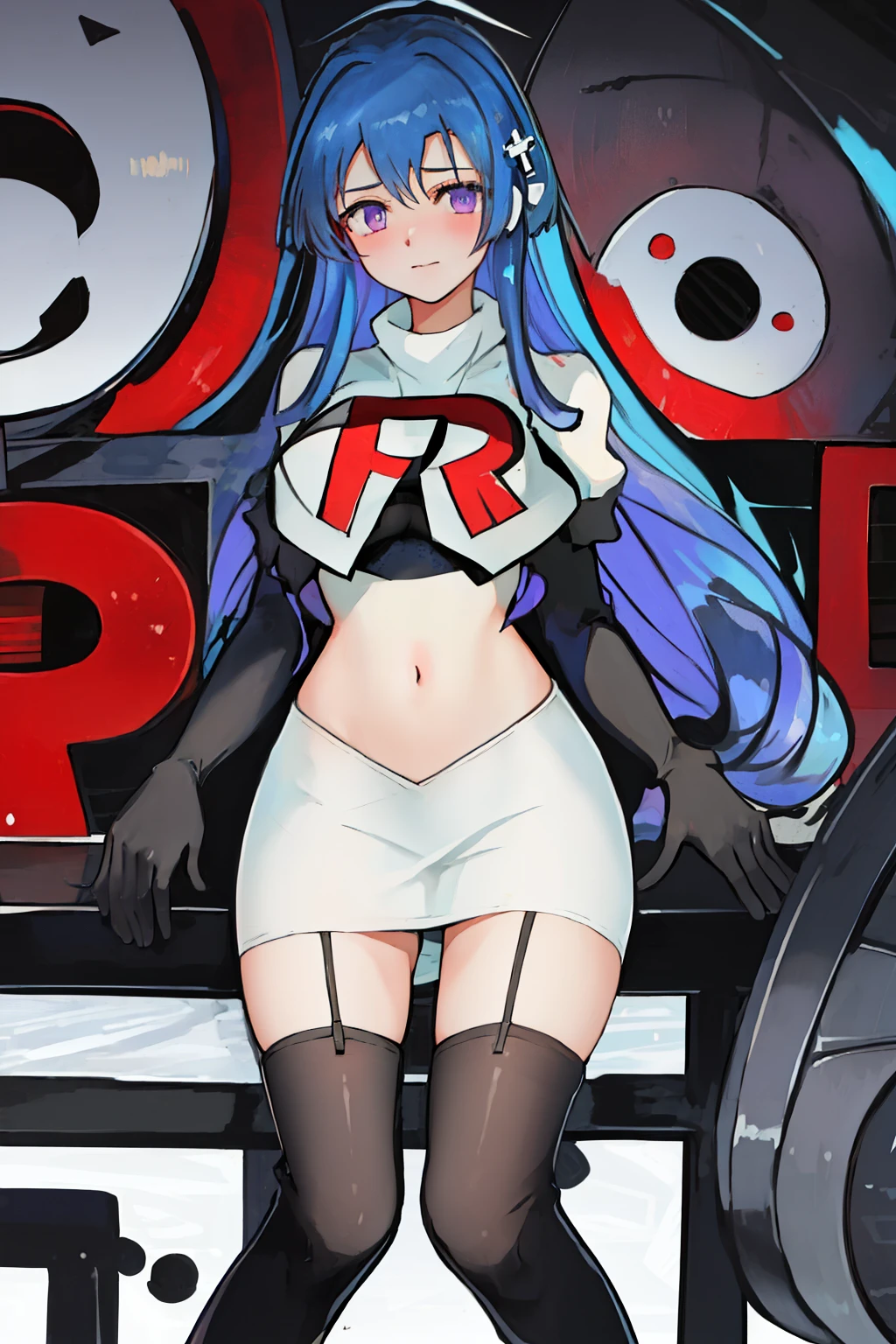 best quality, masterpiece, highres, solo, {helena_azurlane:1.15}, blue_hair, long_hair, ahoge, purple_eyes, breasts, blush, bangs, hair_ornament, medium_breasts, hair_between_eyes, 1girl, looking_at_viewer, large_breasts, team rocket,team rocket uniform,white skirt,red letter R,crop top,black thigh-highs,black elbow gloves