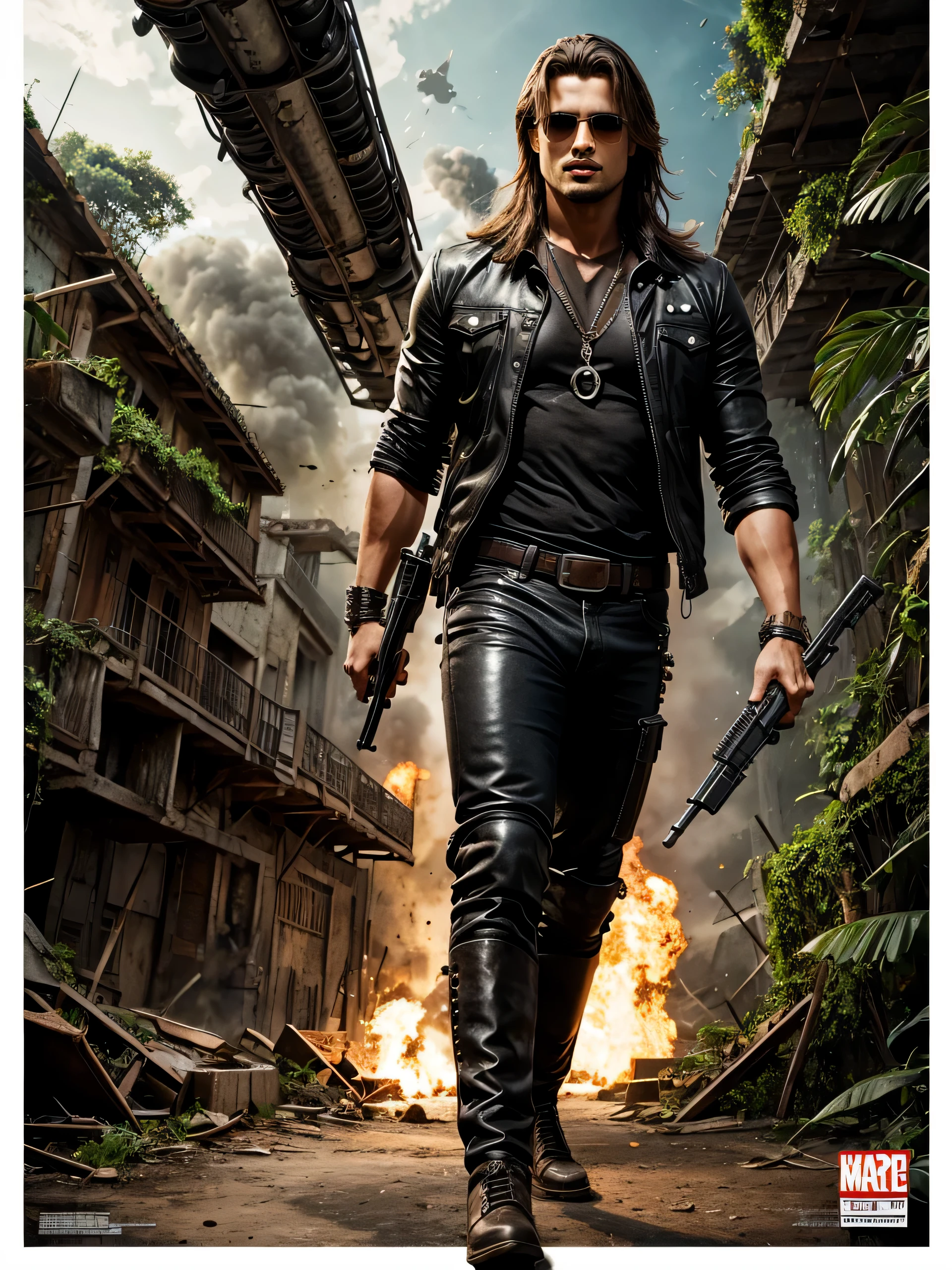 average long hair Diogo morgado as terminator , rebites, ornamentado, com arma grande, arte royo.3D. Vista completa.. 3D. explosions. selva. andando.