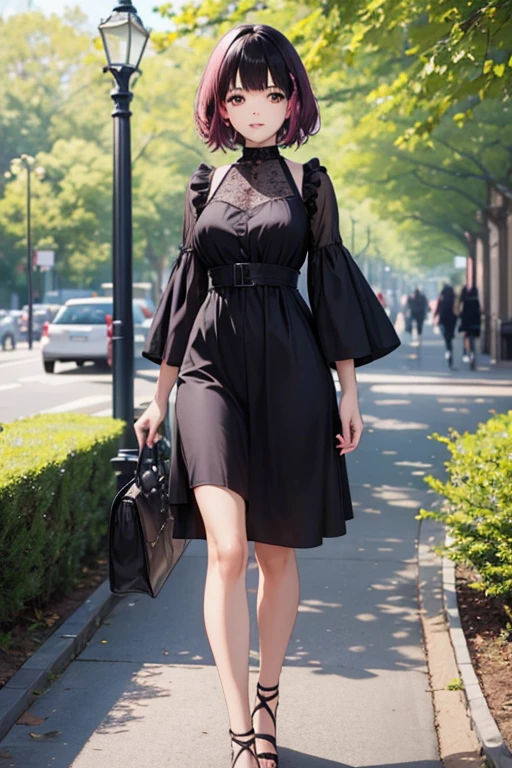 A black haired woman with brown eyes is walking through the park with a pink haired woman with violet eyes with an hourglass figure and short hair in nice dresses
