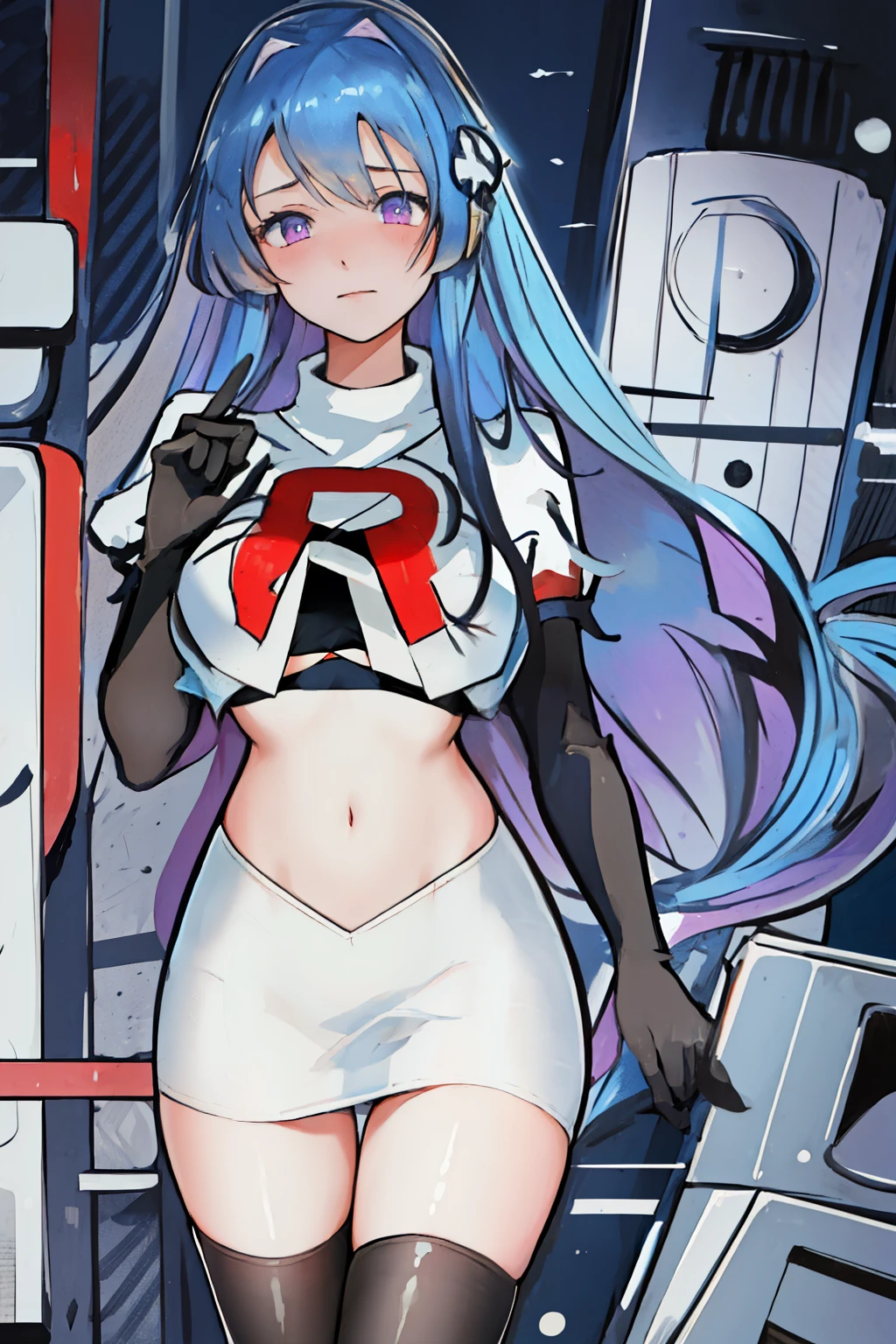 best quality, masterpiece, highres, solo, {helena_azurlane:1.15}, blue_hair, long_hair, ahoge, purple_eyes, breasts, blush, bangs, hair_ornament, medium_breasts, hair_between_eyes, 1girl, looking_at_viewer, large_breasts, team rocket,team rocket uniform,white skirt,red letter R,crop top,black thigh-highs,black elbow gloves