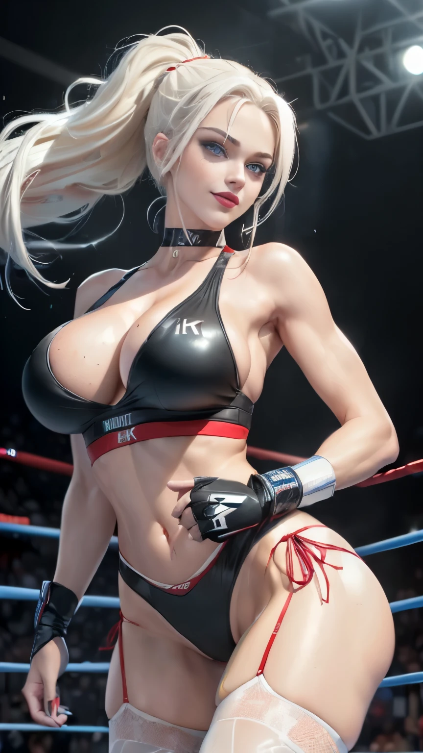 ((Sexy, tall beautiful russian wwe superstar)) ((Big bright blue eyes)), ((dark eyeshadows make up)) ((bright red lipstick)), ((happy smile)) ((very long messy platinum blonde pony tail hair)) ((very huge breasts:1.5)) ((slender body:1.3)) ((wear tank top and bikini bottom wwe wrestling gear)) ((choker, sport gloves, elbow pad, knee pad, fishnet stocking)) ((sexy pose in wrestling ring entrance with fireworks, inside crowded stadium)), ((high definition:1.5), ((low intencity lights)) ((masterpiece:1.5))((8k:1.5)) ((Best quality:1.4))