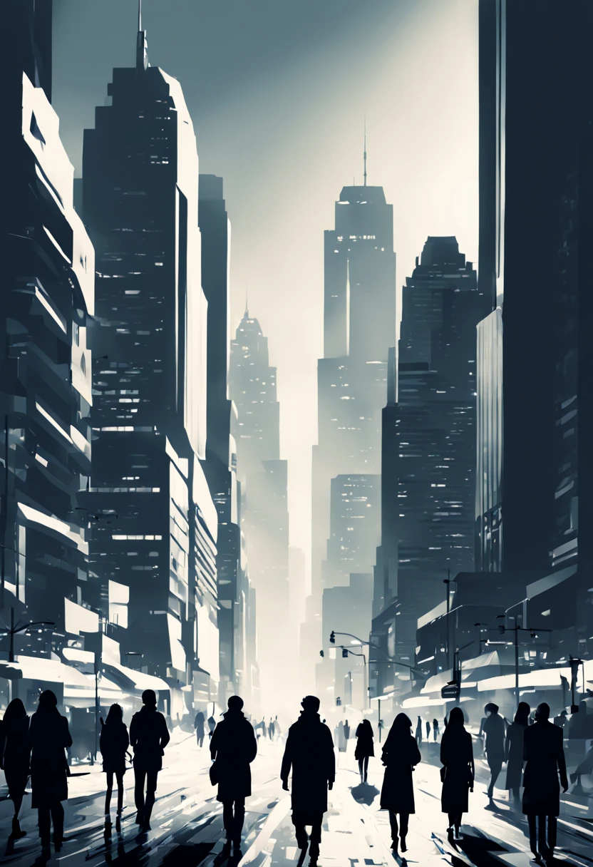 Type of Image: Concept Art, Subject Description: A series of interconnected silhouettes depicting a bustling cityscape with people, vehicles, and skyscrapers, Art Styles: Minimalist, Art Inspirations: Behance minimalist projects, Camera: 35mm lens, Shot: long shot to capture the expanse of the city, Render Related Information: high contrast with sharp focus to clearly define the silhouette edges, presented in monochromatic tones to emphasize the play of light and shadow.